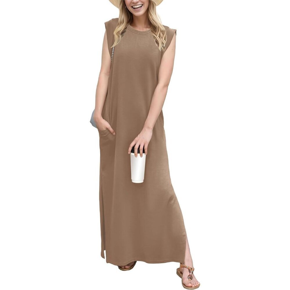 Grecerelle Women Light CoffeeRound Neck Loose Split Wrinkle-Free Long Maxi Dress